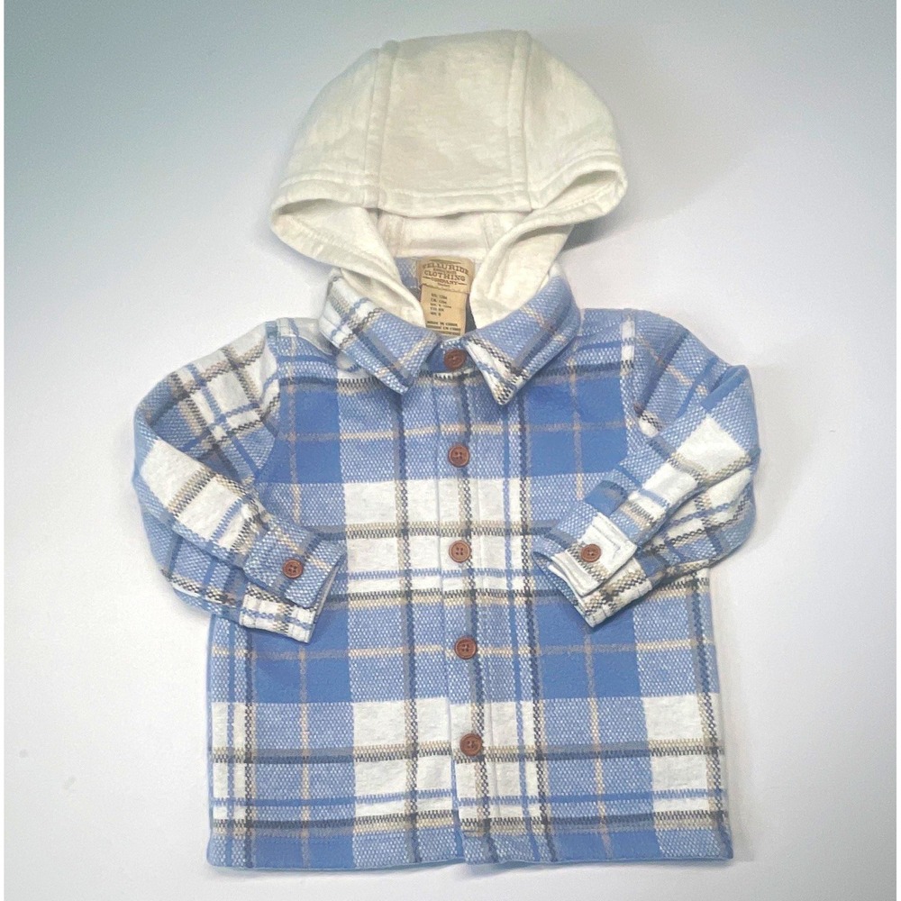 Telluride Clothing Company Blue/White Plaid Hooded Fleece Shirt Jacket 9-12M